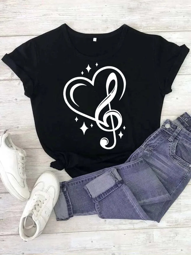 Fashion Women T Shirt Musical Note Printed T Shirt Casual Black Tops 90s Ladies Girls Tee Shirt Female Harajuku Graphic T-shirt