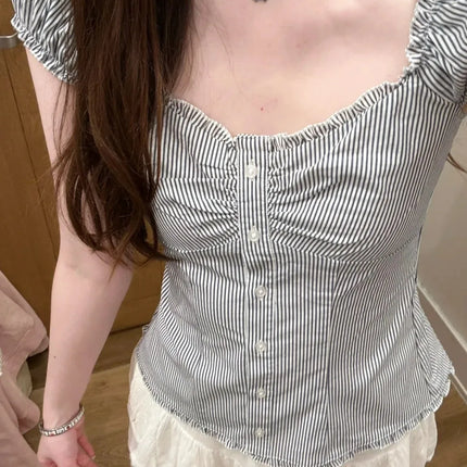 Blue Striped Folds Blouse Top Women New Casual Single Breasted Ruffle Sleeveless Tank Tops Vest Sweet Preppy Style Camisole Y2K
