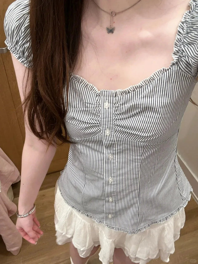 Blue Striped Folds Blouse Top Women New Casual Single Breasted Ruffle Sleeveless Tank Tops Vest Sweet Preppy Style Camisole Y2K