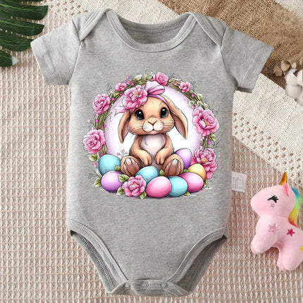 Pure Cotton Bodysuit Retro Happy Easter Bunny Flowers Onesie Comfortable Cloths for Baby Jumpsuit for 0 To 12 Months Newborn
