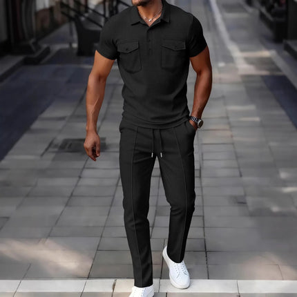 Men's Waffle Knit 2 Piece Set Double Pocket Polo Shirt & Slim Fit Pants Casual Tracksuit