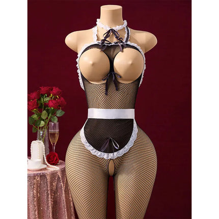 Desires Sex Play Crotchless Costume Adult Cosplay Porno Maid Tights Sheer Lingerie Bodysuit Open Breasts Sexy Uniform Seduction