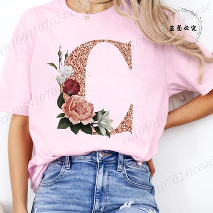 T Shirt for Women Clothing Summer Short Sleeve Tee shirts Rose Gold Letter A~Z Printed Graphic Tops Female T-Shirts Clothing