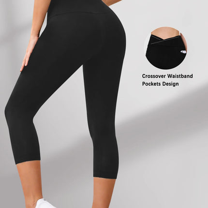 Women's Super Soft Crossover High Waisted Capri Pants With Pockets Tummy Control No See Through Workout Yoga Running Leggings