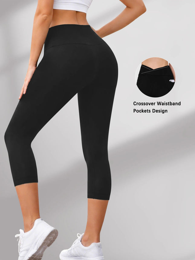 Women's Super Soft Crossover High Waisted Capri Pants With Pockets Tummy Control No See Through Workout Yoga Running Leggings