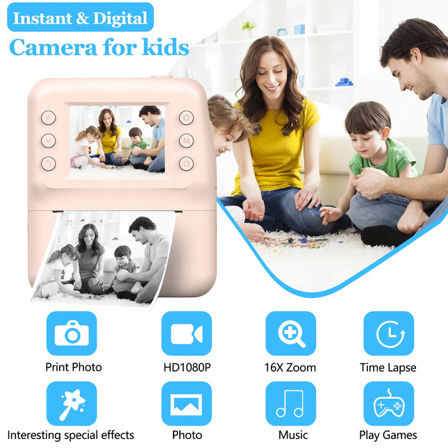 Kids Camera Instant Print,1080P Kids Instant Cameras that Print Photos,Christmas Birthday Gifts for Girls Age 3-12,Portable Toy for 3 4 5 6 7 8 9 10 Year Old Girls Boys Pink