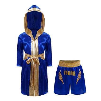 Boys Girls Halloween Carnival Boxer Cosplay Costume Boxing Robe Outfit Long Sleeve Satin Pugilism Hooded Cloak with Belt Shorts