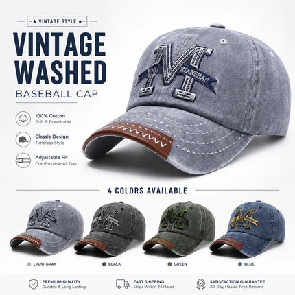 Vintage Washed Cotton Baseball Cap Men Women Letter M Embroidery Dad Hat Retro Leather Brim Edge Snapback Sun Hat Gorras Bone