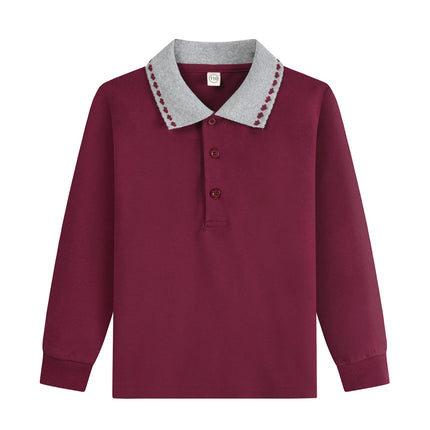 Korean Children'S Polo Shirts Spring/Autumn Casual Vintage Contrast Colour Long Sleeved Shirt Lapel Buttoned School Uniforms