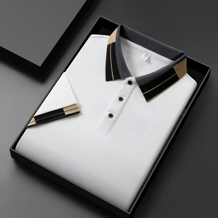 2025 New Men's Collar Polo Shirt Short Sleeved Sweat Absorbing Polo Tops, Luxury Jacquard Breathable Contrast Color T-shirt