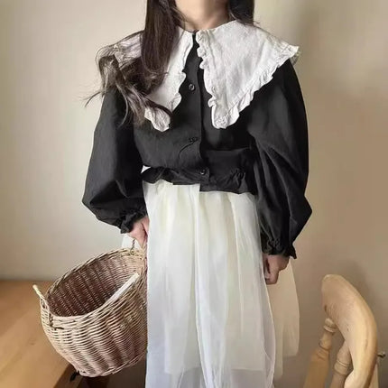 Classic Girls Elegant Ruffle Collar Blouse Long Sleeve Shirt Japanese Style Color Block Top Cotton Linen Shirts for Children