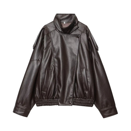 TFMLN Chic Black Faux Leather Jackets Women Long Sleeve Buttons Elastic Oversized Coats Fashion 2025 Autumn Winter Streetwear