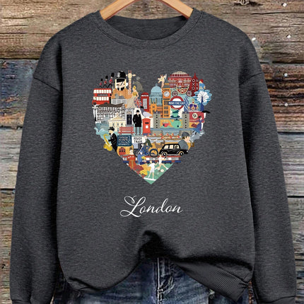 London Heart Street View Print Sweatshirt Women Fleece Hip Hop Streetwear Loose Autumn Clothes Comfortable O-Neck Pullovers