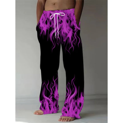 Fashion Men's Pants Casual Retro Flame Print Straight Leg Pants Summer Men'S Loose Fit Trousers With Drawstring As Gift