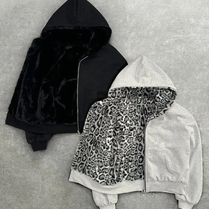 2025 New Unisex Hooded Sweatshirt with Leopard Print Lining Pocket, Loose Cardigan, Zipper Sweatshirt, Street Style, Double-Side