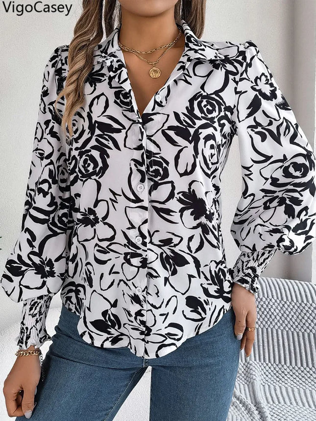 VigoCasey 2025 Female Elegant Single Breasted Shirt Women Casual Long Sleeve Top Spring Autumn Office Lady Print Tops Clothes