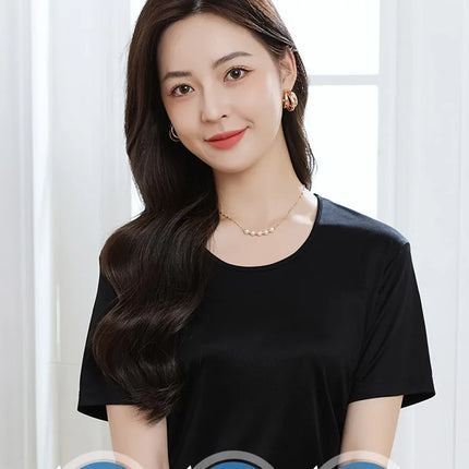 Summer High-End Women's Short Sleeve T-Shirt Acetate Fabric Knitted European Style Thin Hot Selling Top for Ladies