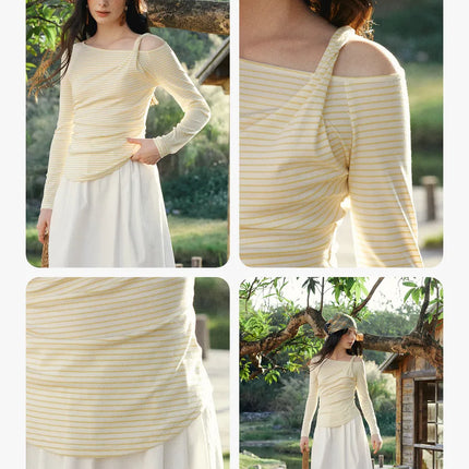 OLrain Women's Striped Tops 2026 Spring French Style Hollow Out Ladies T-shirts Casual Slim Fit Folds Female Tees O58CT003055