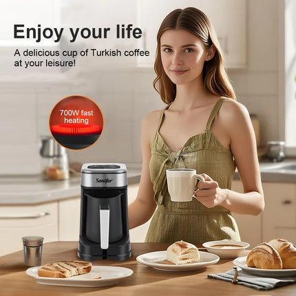 Sonifer Automatic Turkish Coffee Maker SF-3588, Smart Anti-Spill Sensor, Fast & Slow Brew Modes, 250ml, 700W, One-Touch