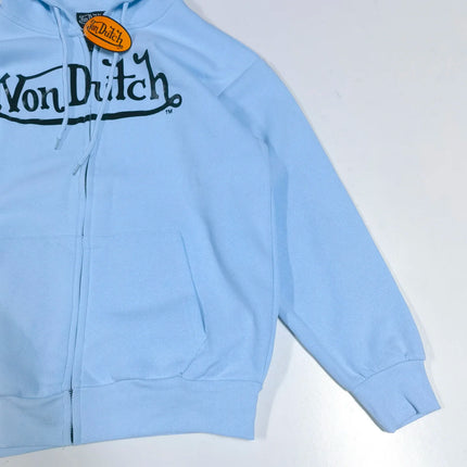 Retro American Baby Blue Fleece Lined Zipper Hoodie Oversized Coat Large Size Trendy Outerwear Comfortable Cotton Polyester B...