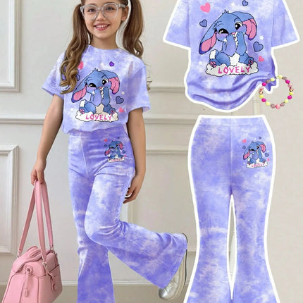 Kids Girls Stitch Cartoon Print 2Pcs Outfit Short Sleeve Floral T-Shirt + Blue Flare Pants Soft Casual Daily Wear Children Set