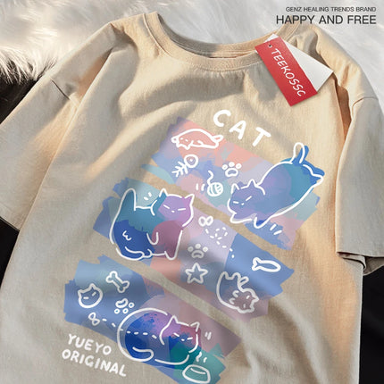 Fun Mischievous Cat Print Japanese Style T-Shirts Men Women Fashion T-Shirts Breathable Summer T-Shirts Cotton Loose Tee Clothes