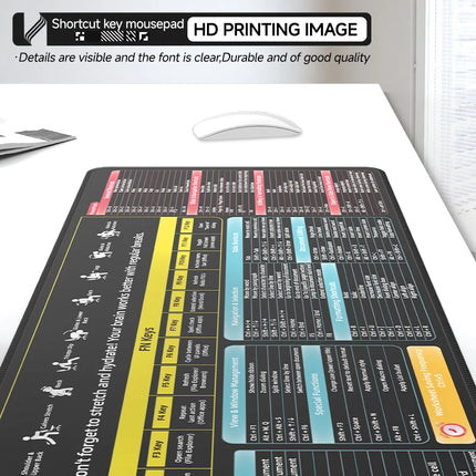 Excel Shortcut Keys Mouse Pad - Extended Large XL Cheat Sheet Gaming Mousepad Non-Slip  PC Office Spreadsheet Keyboard Mat