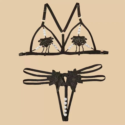 Hot Lingerie Women Lolita Underwear Open Sleepwear Sexy Pearl Hollow Bra Lace Sexy Bodysuit Pajama 2 Pcs Set Erotic Costume