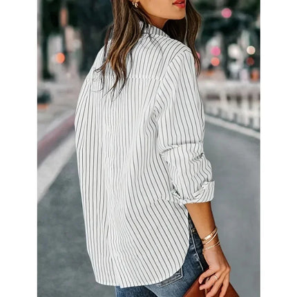 Plus Size 1XL-5XL Women's Casual Striped Long Sleeve Button Shirt New Fashionable Cotton Polyester Blend Top