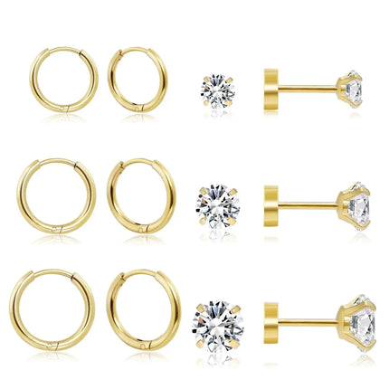 6 Pairs Earrings Sets for Multiple Piercing Small Huggie Hoop Earrings Flat Back Tiny Ball CZ Opal Pearl Stud Earrings for Women
