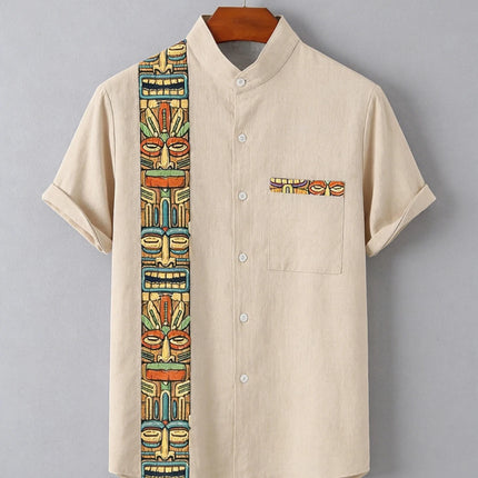 Men's Linen Short Sleeve Lapel Shirt Natural Ethnic Totem 3D Printed Shirt Hawaiian Vacation Social Party Shirt Fast Shipping
