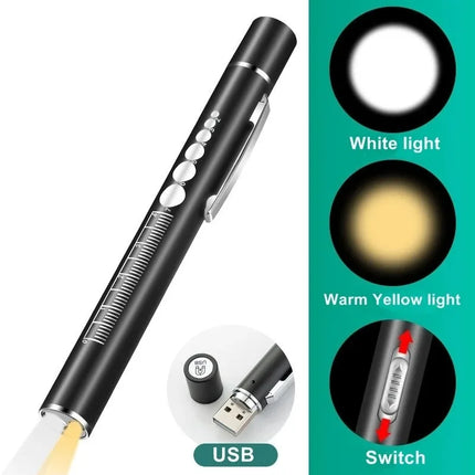 Rechargeable Medical Handy Pen Light Mini Nursing Flashlight 2 in 1 Pocket LED Torch Penlight Light Outdoor Fishing Tool