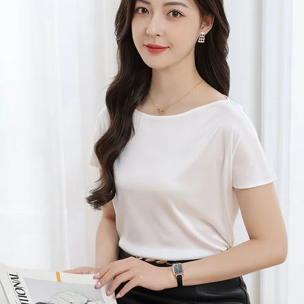 Summer women's short sleeved acetate fabric high-end knitted women's T-shirt thin European style hot selling women's T-shirt