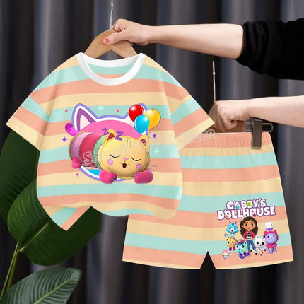 Gabby Dollhouse Children Summer Clothes Shorts Suit 2pcs Striped T-shirt Set Kid Tops Girl Tracksuits Outfits Boy Sport Tee Gift