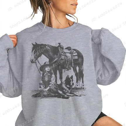 Women Oversized Sweatshirt, Cowgirls Horse & Dog Print Crew Neck Sweatshirts Casual Long Sleeve Plus Size Hoodless Pullovers