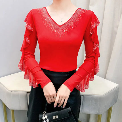 2025 Autumn New Style Mesh Tops Korean Fashion Round Neck Ruffles Shirt Lotus Leaf Edge Hot Diamond Long Sleeve Women T-Shirt