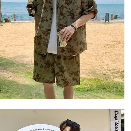 Loose Straight Leg Five-Quarter Beach Pants or Short Sleeve Printed Shirt Beach Travel Men's Fashion Floral Patterned Two-Piece Set