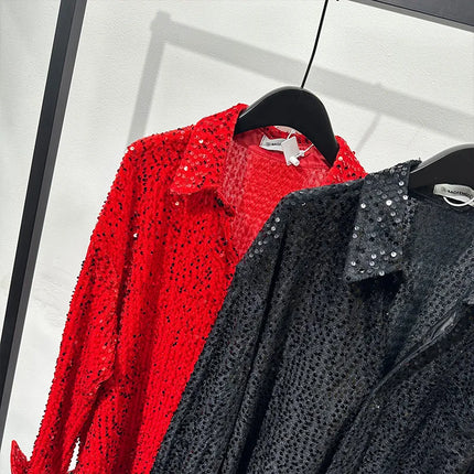 Spring Autumn Men's Sequins Shirt Solid Color Luxury Lapel Single Breasted Long Sleeve American Fashion Party Shining Shirts