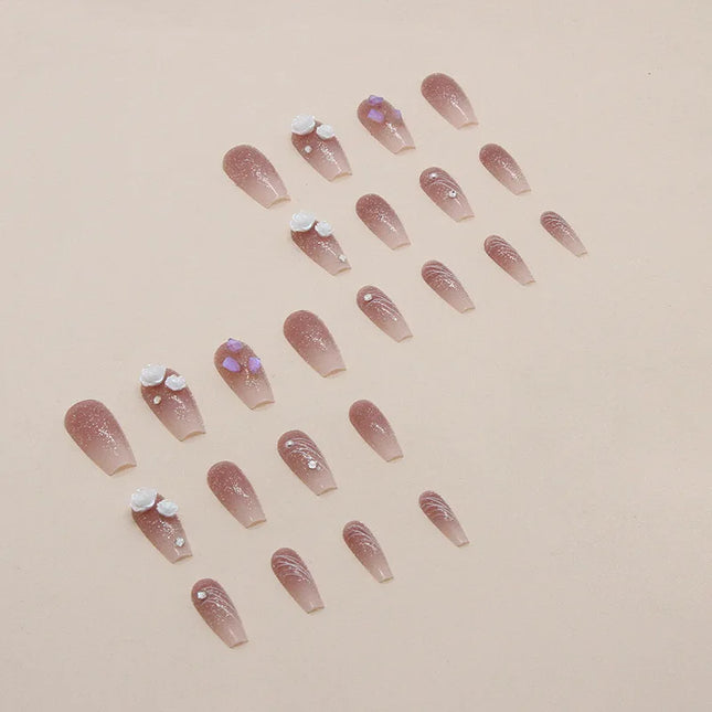 White Camellia 24 Pcs Press on Nails Pink Nail polish Glossy Artificial Finger Manicure Reusable False Nails