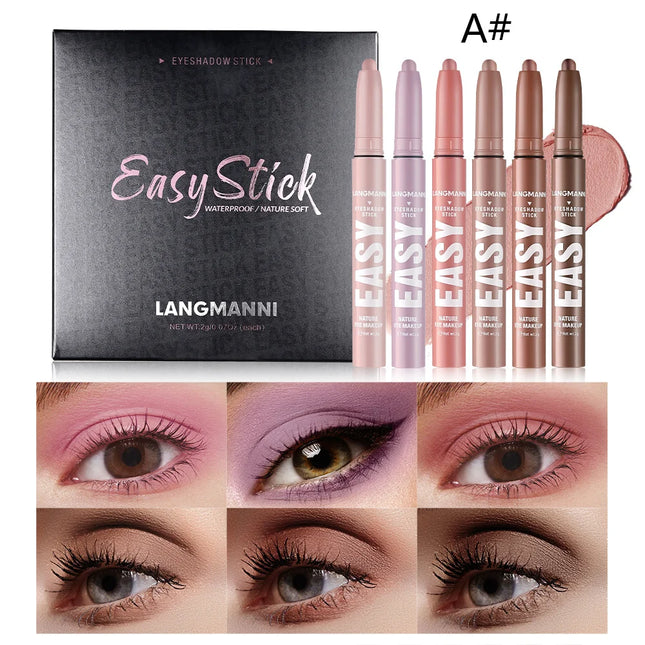 6-Color Eyeshadow Stick Pearlescent Matte Multi-color Anti-smudge Eyeshadow Pen 6 Pcs Set