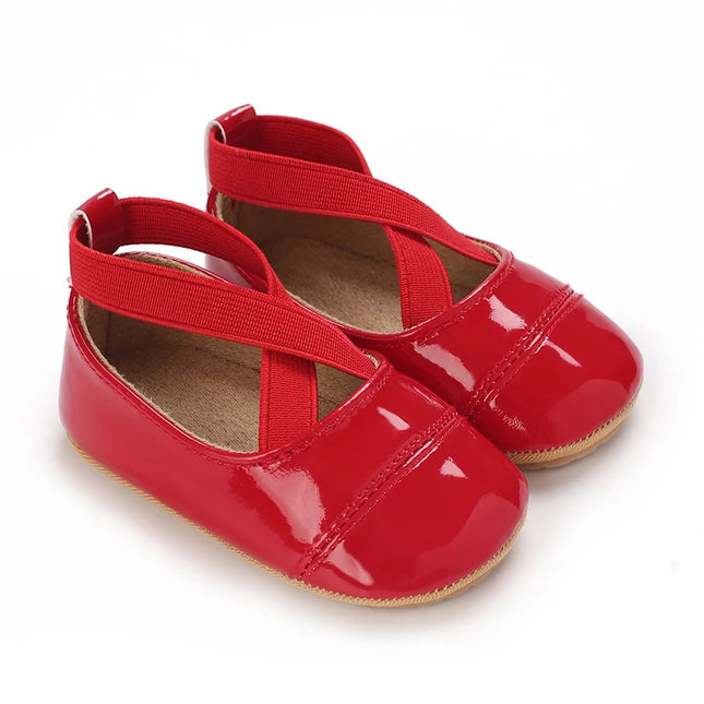 Red classic PU leather girl bow princess flat shoes with anti slip rubber sole walking newborn baby crib dress shoes 0-18M