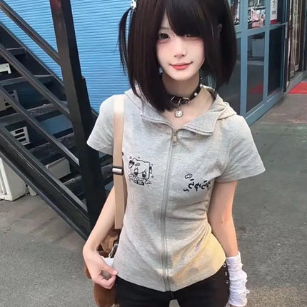 Gray Zip-Up Hoodie Women with Cartoon Print and Hood Short-Sleeve Casual Summer Jacket for Street Style 2025