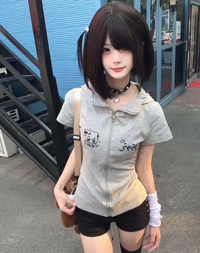 Gray Zip-Up Hoodie Women with Cartoon Print and Hood Short-Sleeve Casual Summer Jacket for Street Style 2025