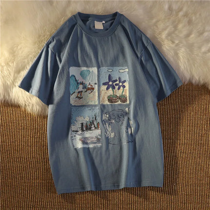 Vintage Short Sleeve T-Shirt Women Loose Korean Style Street Fashion Half Sleeve Top Fresh Sweet Style Polyester Fiber