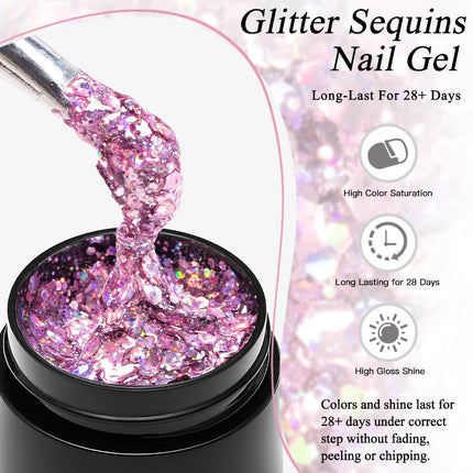 8ml Glitter Sequins Gel Nail Polish Nude Pink Silver Laser Glitter Semi Permanent Soak Off UV Gel Varnish Manicure Nail Supplies