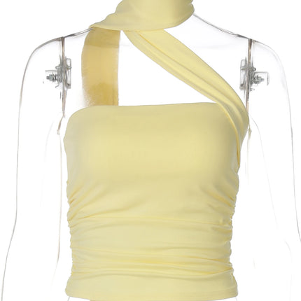 Hugcitar Women Elegant Halter Scarf Strapless Ruched Solid Sexy Slim Crop Tank Top 2025 Summer Casual Clothes Streetwear Party