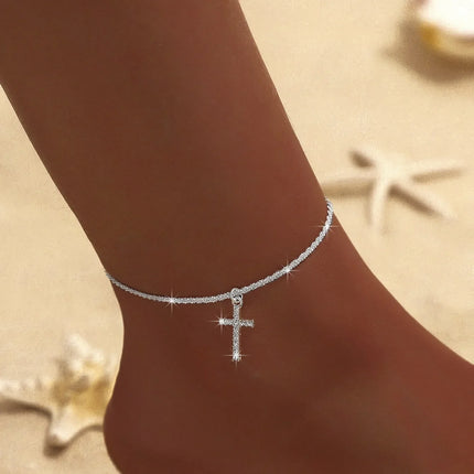 Shiny Sparkling Simple Anklet for Women Cross Pendant Silver Color Elegant Jewelry Female Beach Ankle Bracelet on Foot Gifts