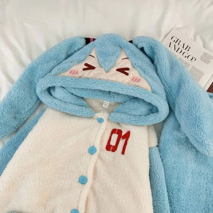 Hatsune Miku Cartoon Animation Peripherals Cute Coral Velvet Long-Sleeved Hooded Pajamas Winter Thickened Warm Home and Outing Set