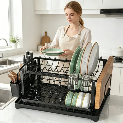 2-Tier Dish Drying Rack with Drain Tray Spout Cutlery Cup Holder Multifunctional Kitchen Countertop Storage Organizer