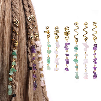 Natural Chip Stone Pendant Hair Accessories For Women Girl Wire Wrapped Hair Twists Spiral Hair Cuff Clips Headwear Dreadlock